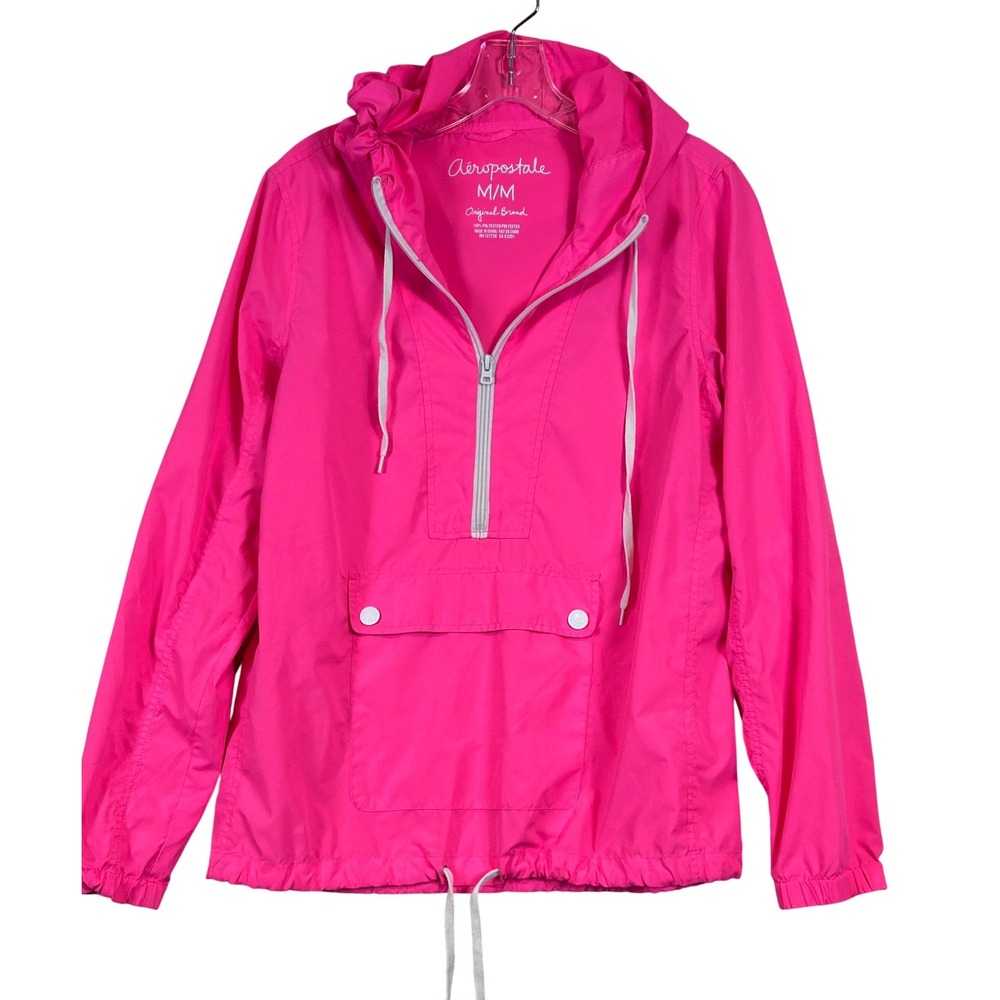 Aeropostale Womens Neon Pink Windbreaker Half Zip Hooded Jacket Medium 90's Pink